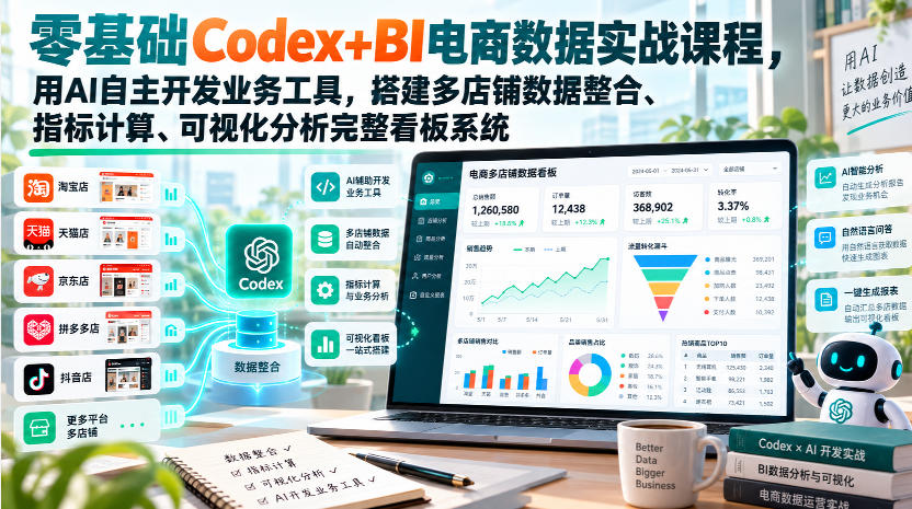 零基础Codex+BI电商数据实战课程，用AI自主开发业务工具，搭建多店铺数据整合、指标计算、可视化分析完整看板系统-副业网