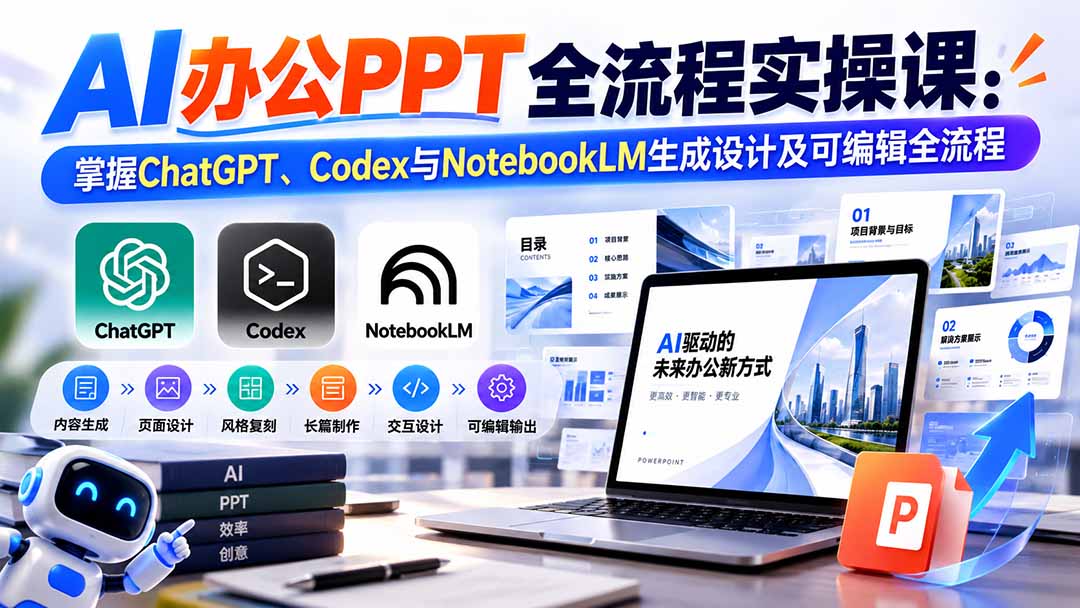 【无水印】AI办公PPT全流程实操课： 掌握ChatGPT、Codex与NotebookLM生成设计及可编辑全流程-副业网