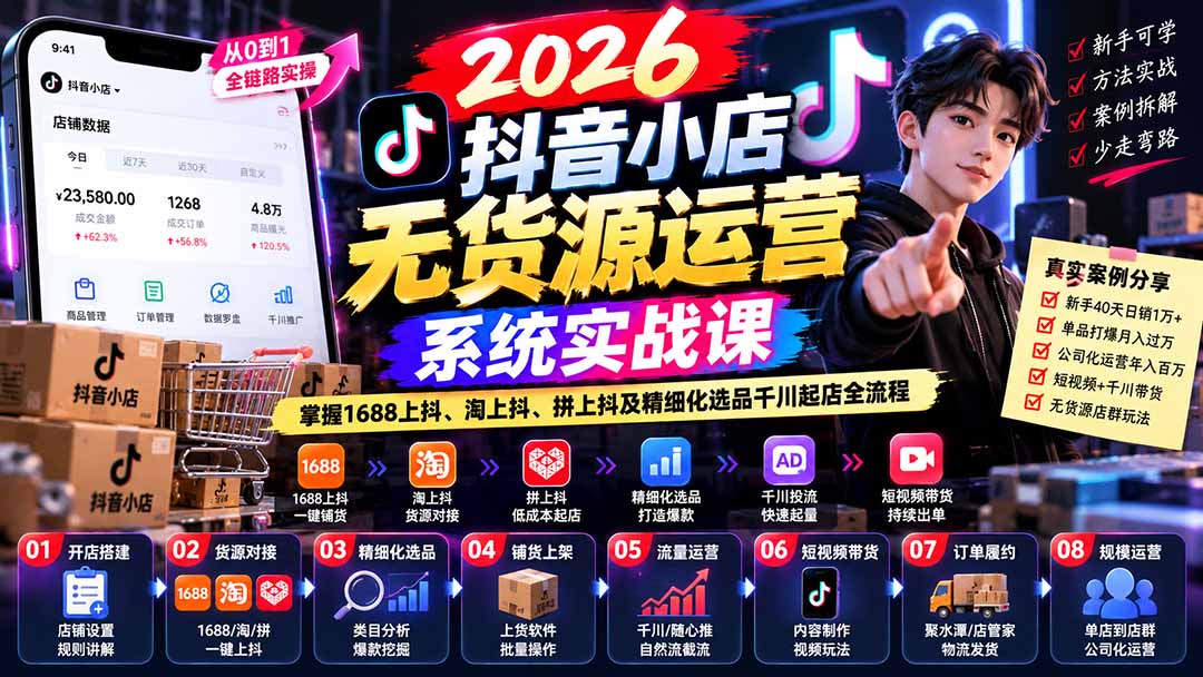 【无水印】2026抖音小店无货源运营系统实战课：掌握1688上抖、淘上抖、拼上抖及精细化选品千川起店全流程-副业网