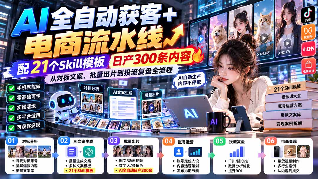 【无水印】AI全自动获客+电商流水线：配21个Skill模板，日产300条内容，从对标文案、批量出片到投流复盘全流程-副业网