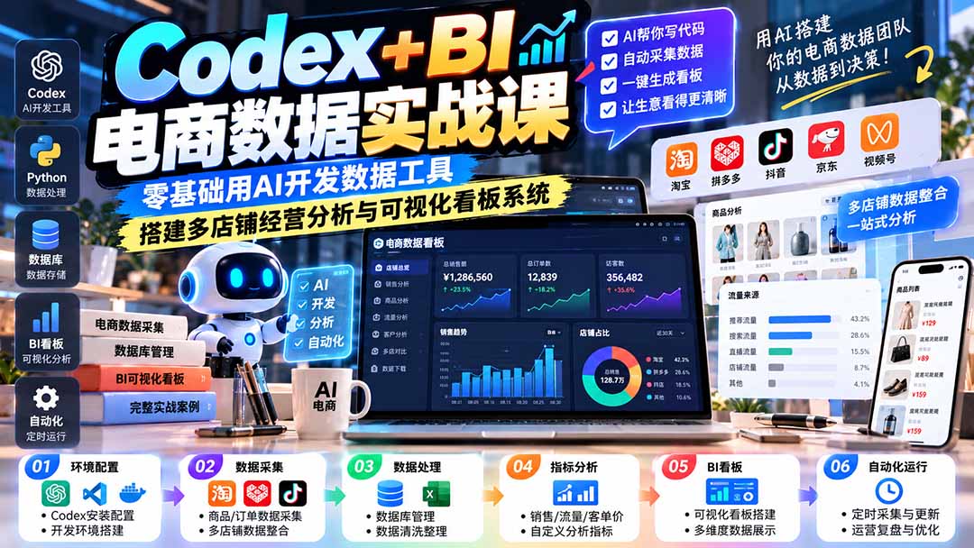 Codex+BI电商数据实战课：零基础用AI开发数据工具，搭建多店铺经营分析与可视化看板系统-副业网