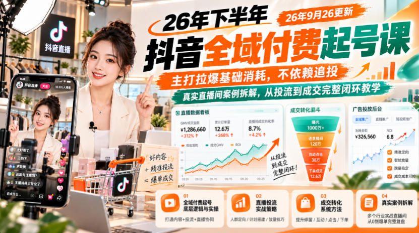 26年下半年抖音全域付费起号课26年9月26更新，主打拉爆基础消耗，不依赖追投，真实直播间案例拆解，从投流到成交完整闭环教学-副业网