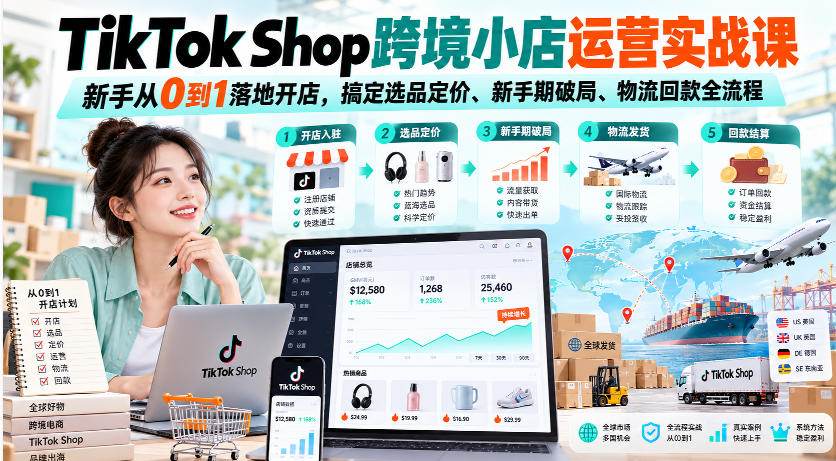 TikTok Shop跨境小店运营实战课，新手从0到1落地开店，搞定选品定价、新手期破局、物流回款全流程-副业网