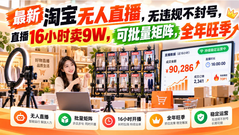 最新淘宝无人直播，无违规不封号，直播16小时卖9W，可批量矩阵，全年旺季【揭秘】-副业网