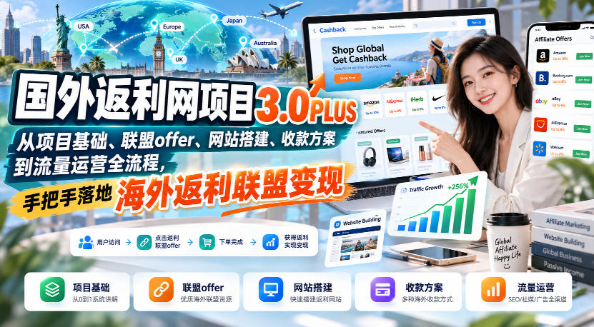国外返利网项目3.0PLUS，从项目基础、联盟offer、网站搭建、收款方案到流量运营全流程，手把手落地海外返利联盟变现-副业网