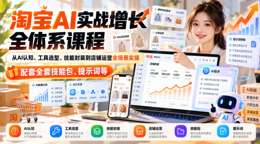 淘宝AI实战增长全体系课程，从AI认知、工具选型、技能封装到店铺运营全场景实操，配套全套技能包、提示词等-副业网