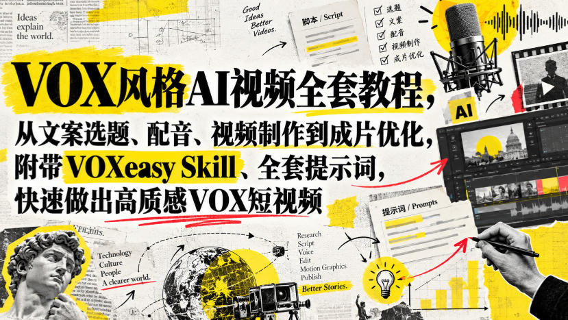 VOX风格AI视频全套教程，从文案选题、配音、视频制作到成片优化，附带VOXeasy Skill、全套提示词，快速做出高质感VOX短视频-副业网
