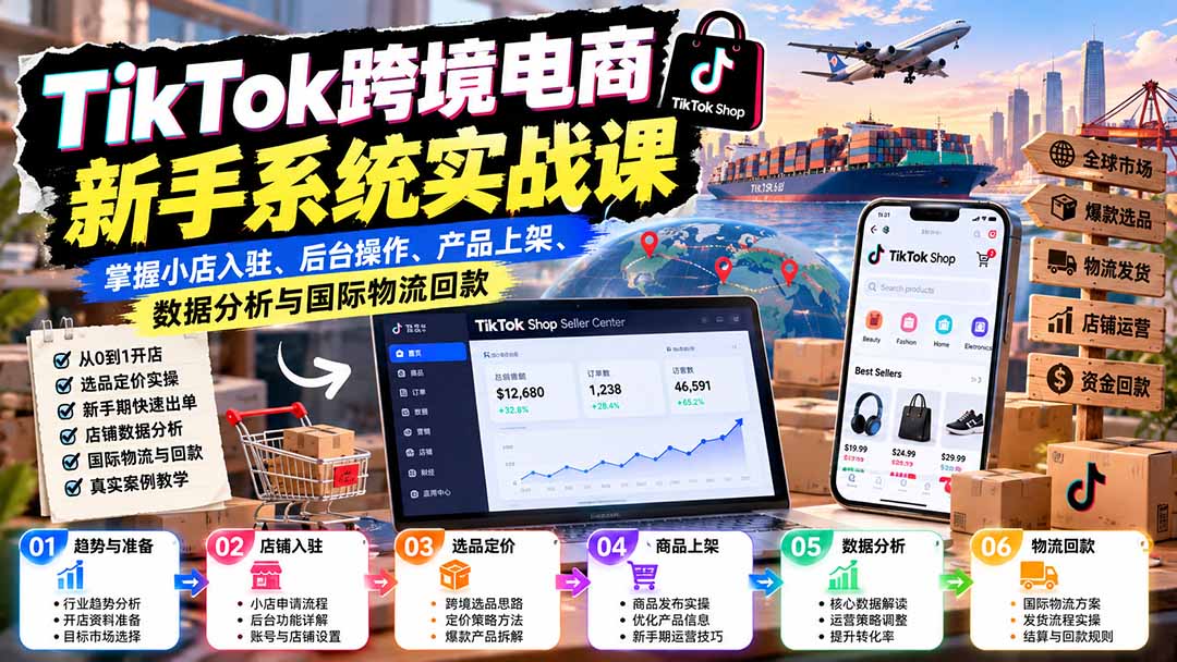 TikTok跨境电商新手系统实战课：掌握小店入驻、后台操作、产品上架、数据分析与国际物流回款-副业网