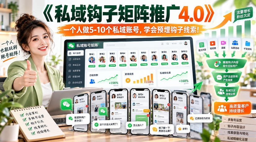 【无水印】《私域钩子矩阵推广4.0》一个人做5-10个私域账号，学会预埋钩子线索！-副业网