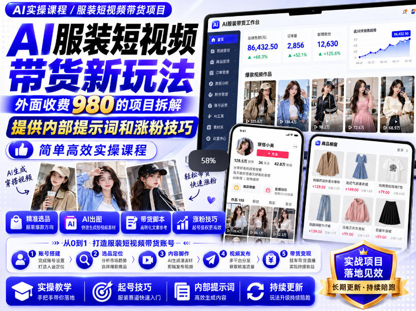 外面收费980AI快手带货系统课程，内部课程首次外放，操作简单高效，一分钟一条爆款视频-副业网