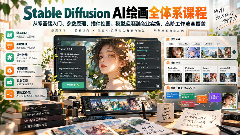 【无水印】Stable Diffusion AI绘画全体系课程，从零基础入门、参数原理、插件控图、模型运用到商业实操、高阶工作流全覆盖-副业网
