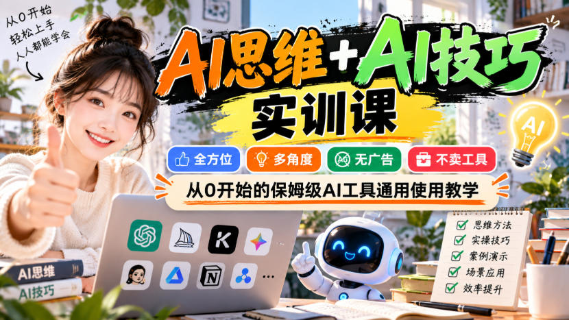 【无水印】AI思维+AI技巧实训课，全方位、多角度、无广告、不卖工具，从0开始的保姆级AI工具通用使用教学-副业网