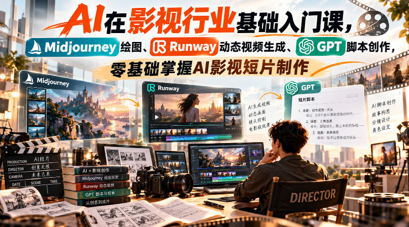 【无水印】AI在影视行业基础入门课，Midjourney绘图、Runway动态视频生成、GPT脚本创作，零基础掌握AI影视短片制作-副业网