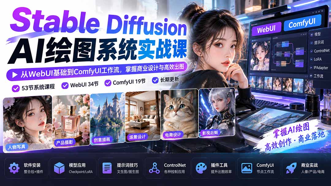 【无水印】Stable Diffusion AI绘图系统实战课：从WebUI基础到ComfyUI工作流，掌握商业设计与高效出图-副业网