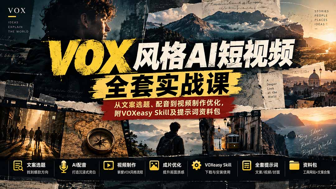 图片[2]-【无水印】VOX风格AI短视频全套实战课：从文案选题、配音到视频制作优化，附VOXeasy Skill及提示词资料包-副业网