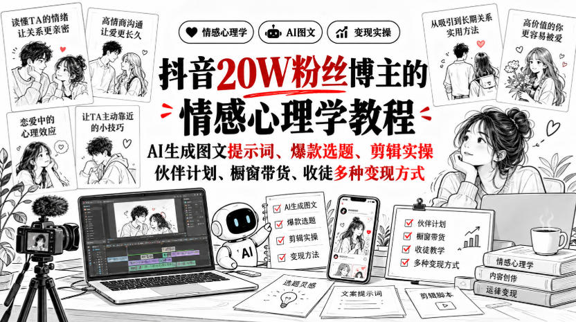 抖音20W粉丝博主静候心声的情感心理学教程，AI生成图文提示词、爆款选题、剪辑实操，伙伴计划、橱窗带货、收徒多种变现方式-副业网
