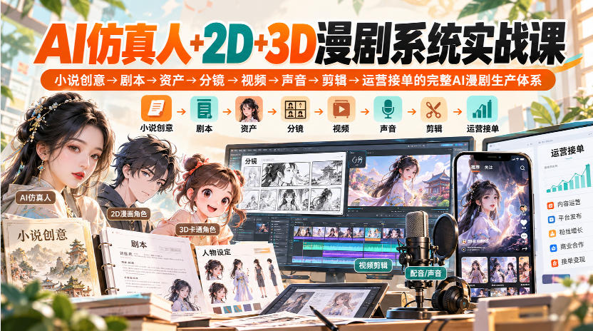 【无水印】AI仿真人+2D+3D漫剧系统实战课，小说创意→剧本→资产→分镜→视频→声音→剪辑→运营接单的完整AI漫剧生产体系-副业网