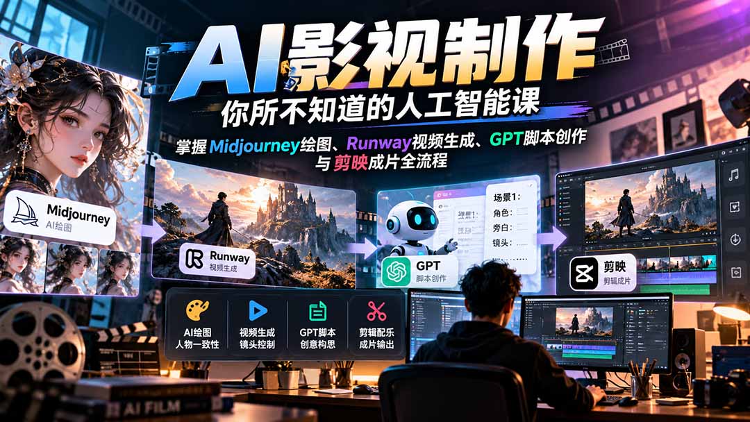 【无水印】AI影视制作-你所不知道的人工智能课，掌握Midjourney绘图、Runway视频生成、GPT脚本创作与剪映成片全流程-副业网