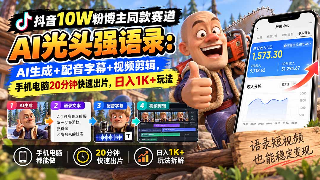 【无水印】抖音10W粉博主同款赛道AI光头强语录：AI生成+配音字幕+视频剪辑，手机电脑20分钟快速出片，日入1K+玩法-副业网