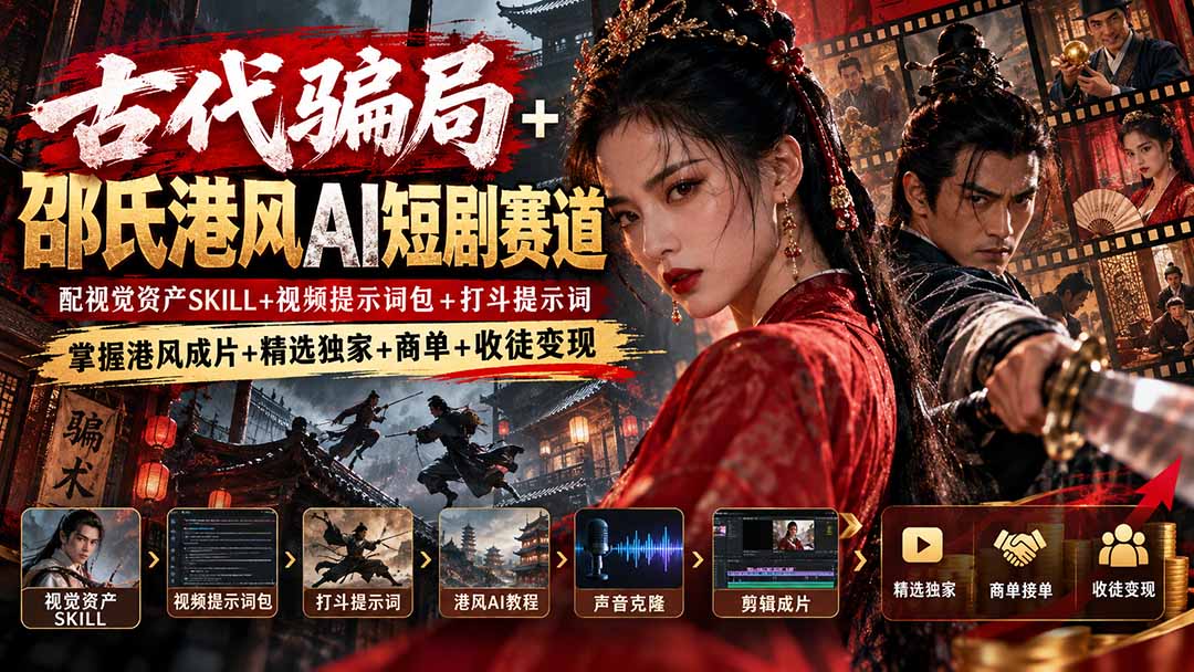 古代骗局+邵氏港风AI短剧赛道：配视觉资产SKILL+视频提示词包+打斗提示词，掌握港风成片+精选独家+商单+收徒变现-副业网