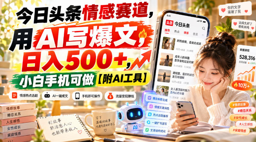 今日头条情感赛道，用AI写爆文，日入500+，小白手机可做【附AI工具】-副业网
