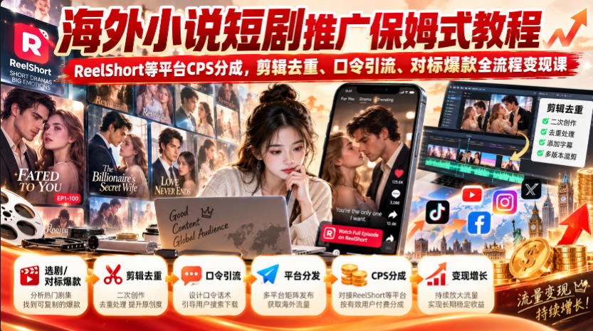 海外小说短剧推广保姆式教程｜ReelShort等平台CPS分成，剪辑去重、口令引流、对标爆款全流程变现课-副业网