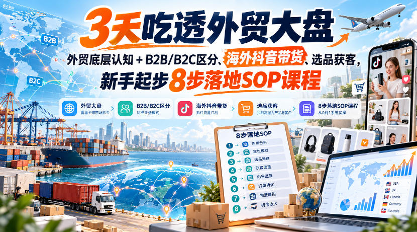 3天吃透外贸大盘，外贸底层认知+B2B/B2C区分、海外抖音带货、选品获客，新手起步8步落地SOP课程-副业网