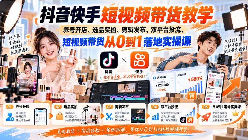 抖音快手短视频带货教学｜养号开店、选品实拍、剪辑发布、双平台投流，短视频带货从0到1落地实操课-副业网
