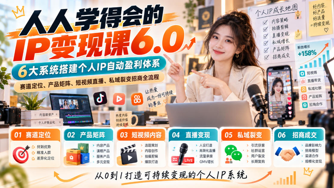 人人学得会的IP变现课6.0，6大系统搭建个人IP自动盈利体系，赛道定位、产品矩阵、短视频直播、私域裂变招商全流程-副业网