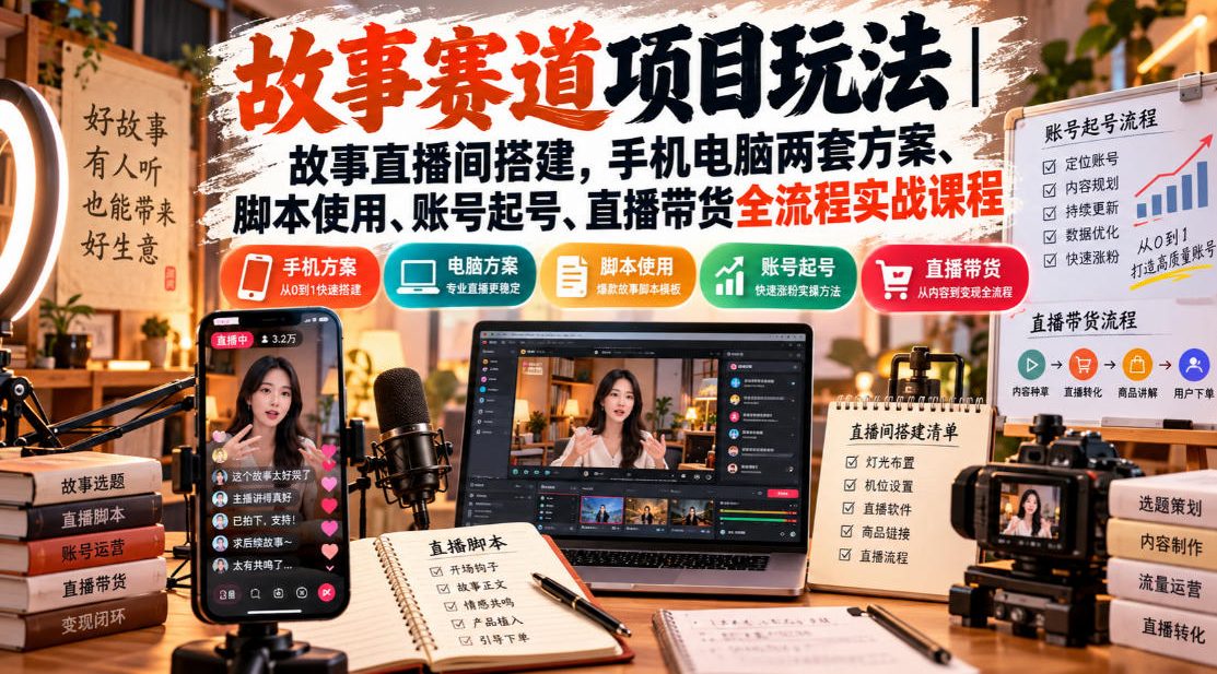 故事赛道项目玩法｜故事直播间搭建，手机电脑两套方案、脚本使用、账号起号、直播带货全流程实战课程-副业网