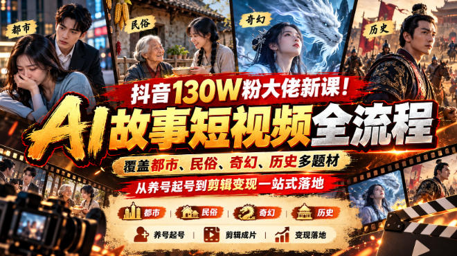 抖音130W粉大佬新课！AI故事短视频全流程，覆盖都市、民俗、奇幻、历史多题材，从养号起号到剪辑变现一站式落地-副业网