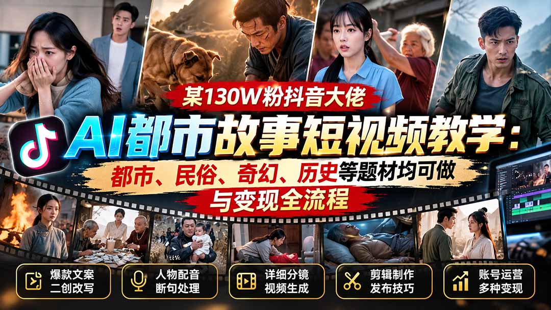 某130W粉抖音大佬AI都市故事短视频教学：都市、民俗、奇幻、历史等题材均可做与变现全流程-副业网