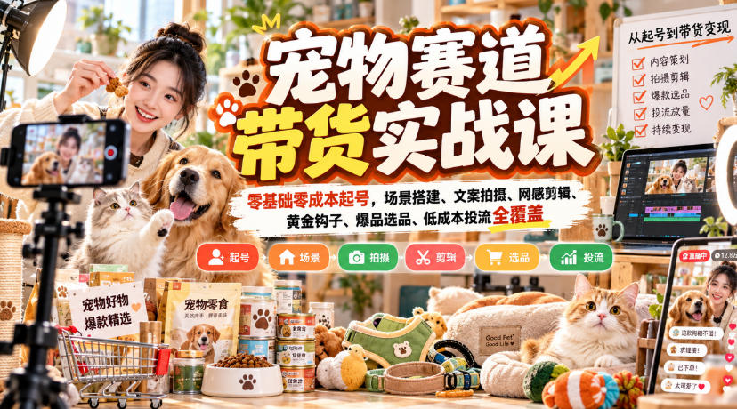 宠物赛道带货实战课，零基础零成本起号，场景搭建、文案拍摄、网感剪辑、黄金钩子、爆品选品、低成本投流全覆盖-副业网