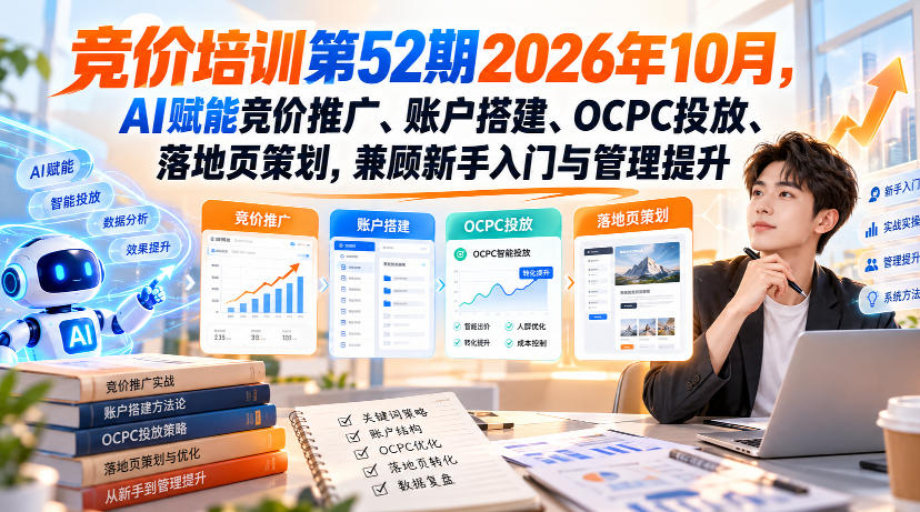 【无水印】竞价培训第52期2026年10月，AI赋能竞价推广、账户搭建、OCPC投放、落地页策划，兼顾新手入门与管理提升-副业网