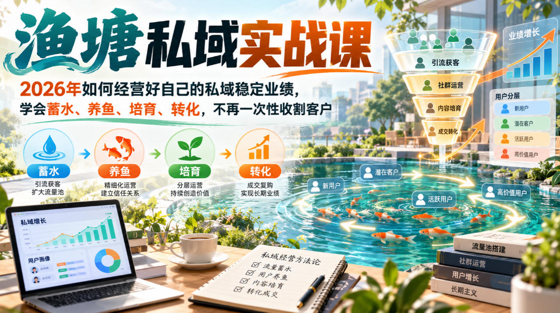 渔塘私域实战课，2026年如何经营好自己的私域稳定业绩，学会蓄水、养鱼、培育、转化，不再一次性收割客户-副业网