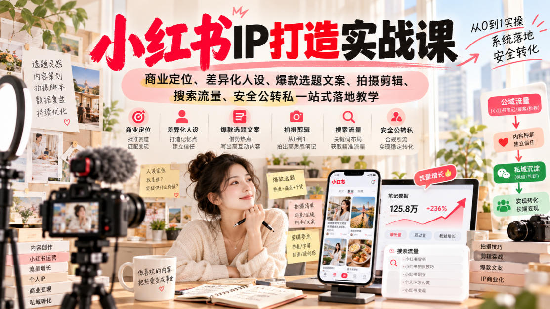 小红书ip打造实战课，商业定位、差异化人设、爆款选题文案、拍摄剪辑、搜索流量、安全公转私一站式落地教学-副业网