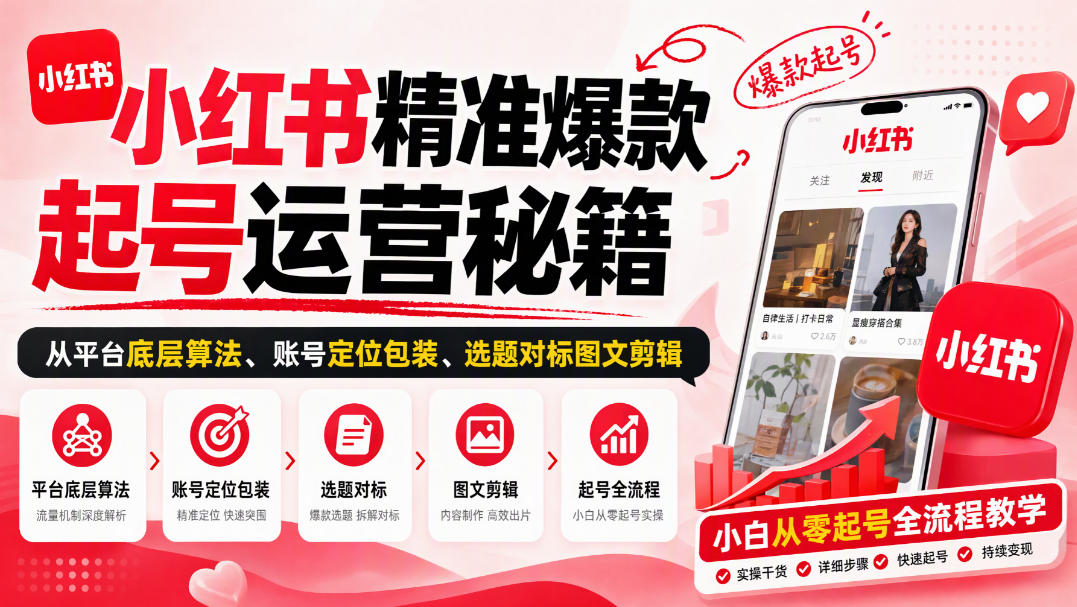 小红书精准爆款起号运营秘籍，从平台底层算法、账号定位包装、选题对标图文剪辑，小白从零起号全流程-副业网