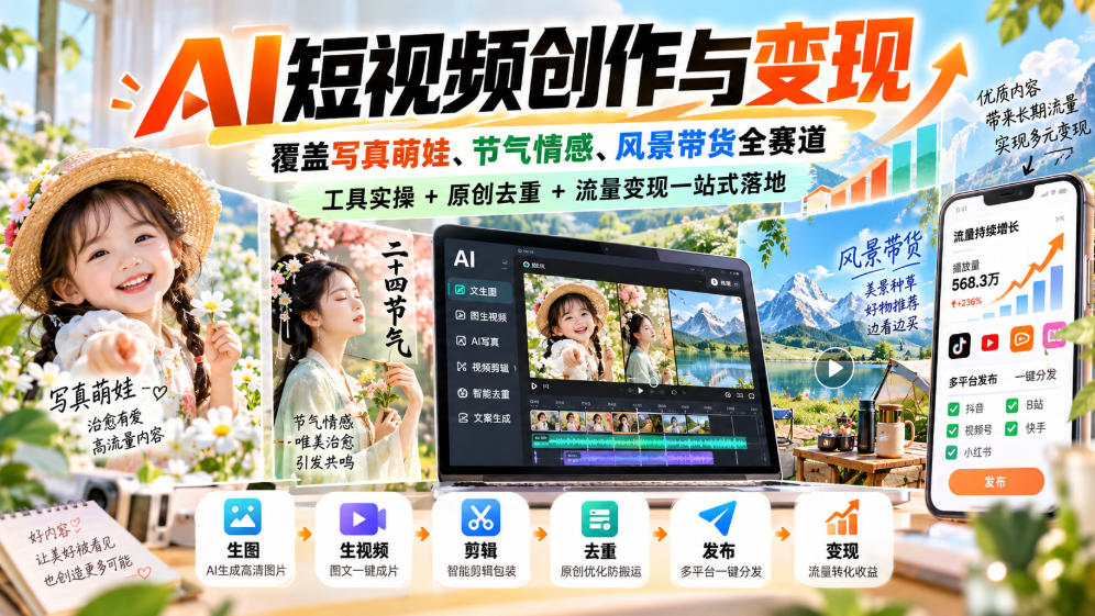 AI短视频创作与变现，覆盖写真萌娃、节气情感、风景带货全赛道，工具实操+原创去重+流量变现一站式落地-副业网