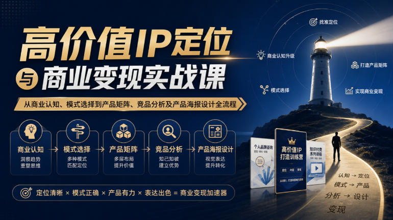 【无水印】高价值IP定位与商业变现实战课，从商业认知、模式选择到产品矩阵、竞品分析及产品海报设计全流程-副业网