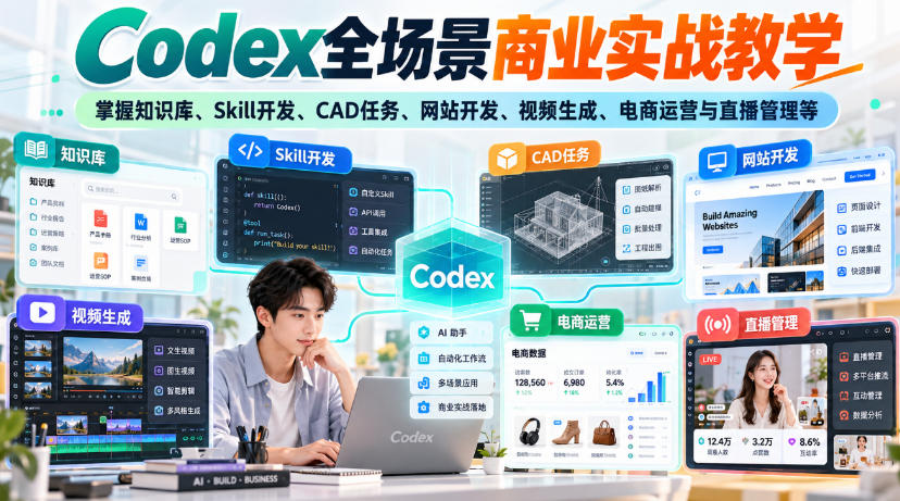 【无水印】Codex全场景商业实战教学，掌握知识库、Skill开发、CAD任务、网站开发、视频生成、电商运营与直播管理等-副业网