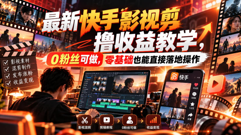 最新快手影视混剪撸收益教学，0粉丝可做，零基础也能直接落地操作-副业网