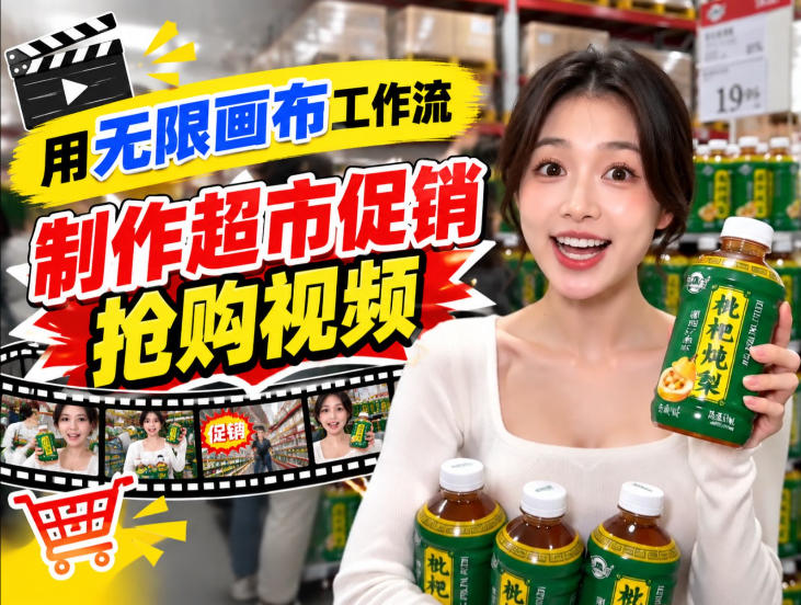 无限画布超市促销抢购视频工作流，一键产出TikTok抖音带货短视频-副业网