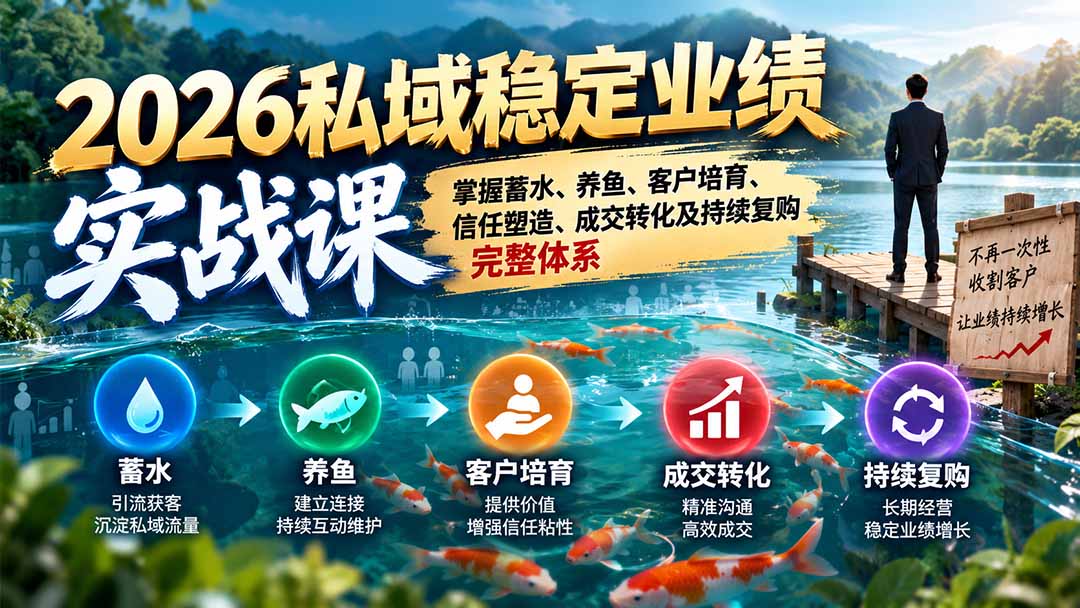 2026私域稳定业绩实战课：掌握蓄水、养鱼、客户培育、信任塑造、成交转化及持续复购完整体系-副业网