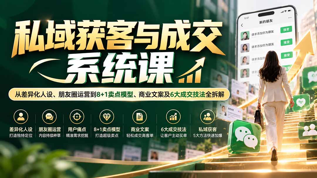 私域获客与成交系统课：从差异化人设、朋友圈运营到8+1卖点模型、商业文案及6大成交技法全拆解-副业网