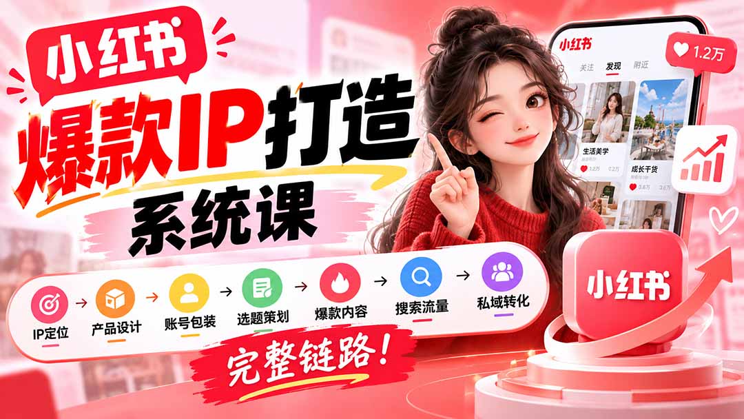 【无水印】小红书爆款IP打造课：IP定位→产品设计→账号包装→选题策划→爆款内容→搜索流量→私域转化，完整链路-副业网