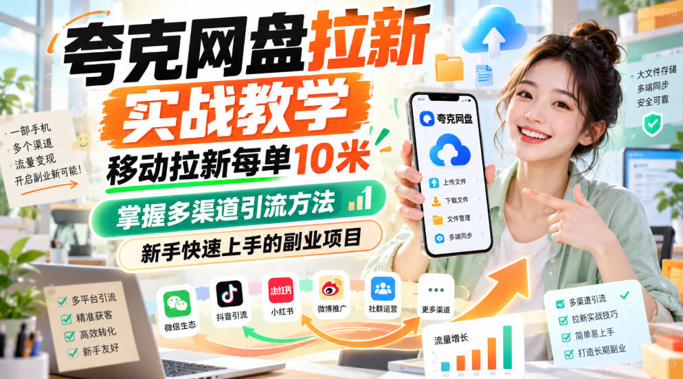 夸克网盘拉新实战教学，移动拉新每单10米，掌握多渠道引流方法，新手快速上手的副业项目(更新0929)-副业网