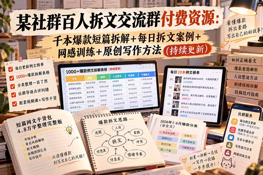 某社群百人拆文交流群付费资源-更新0929：千本爆款短篇拆解+每日拆文案例+网感训练+原创写作方法-副业网