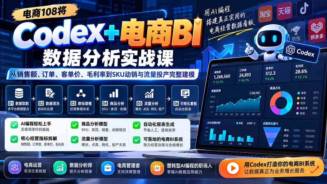 Codex+电商BI数据分析实战课-更新：从销售额、订单、客单价、毛利率到SKU动销与流量投产完整建模-副业网