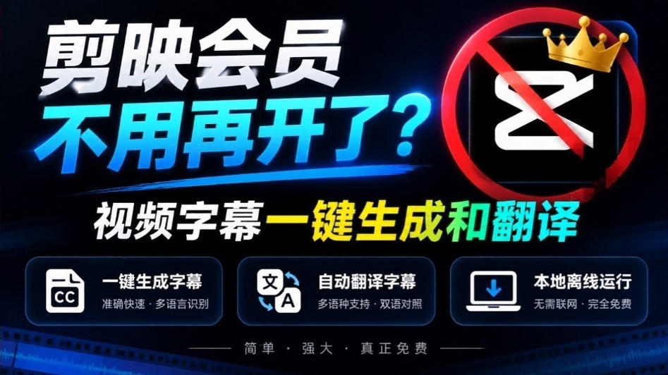 剪映会员不用再开了？视频字幕一键生成加翻译，本地离线运行，完全免费，超快速高精度，字幕大师-副业网