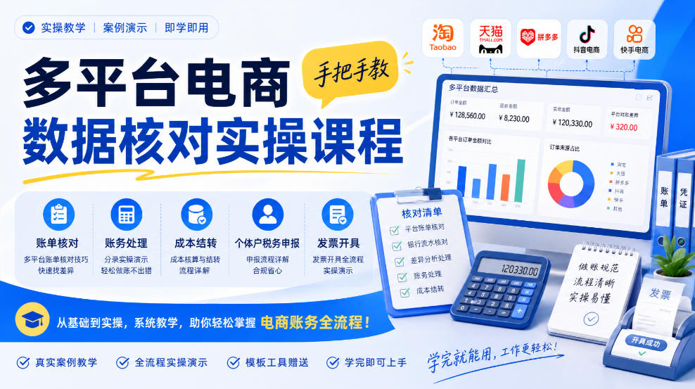 多平台电商数据核对实操课程，手把手教账单核对、账务处理、成本结转、个体户税务申报与发票开具-副业网